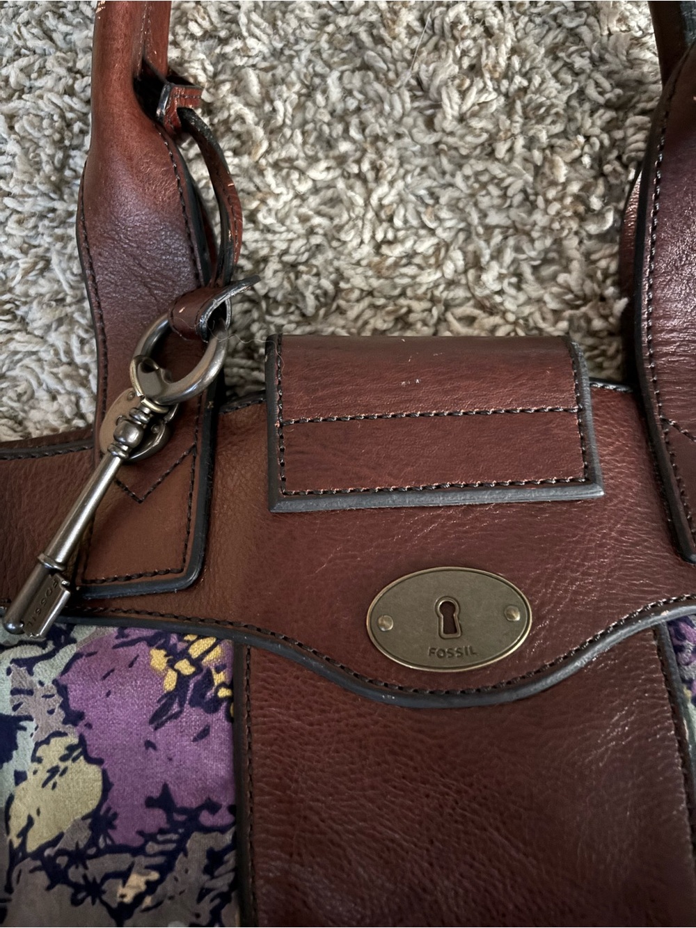 Brown Leather and Floral Canvas Tote Bag  vintage Fossil mint